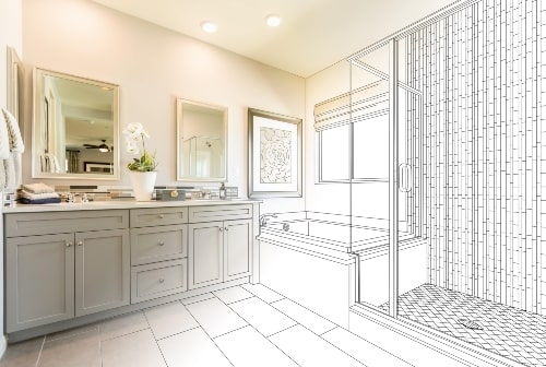 a bathroom remodel blueprint designed to add value to a home. bathroom includes a gray vanity and spa-like bathtub and shower